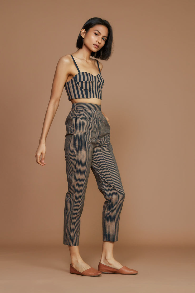Brown Black Striped Cotton Corset Top with Pants- Set of 2
