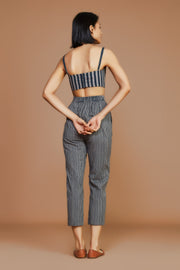 Grey Black Striped Cotton Corset Top with Pants- Set of 2