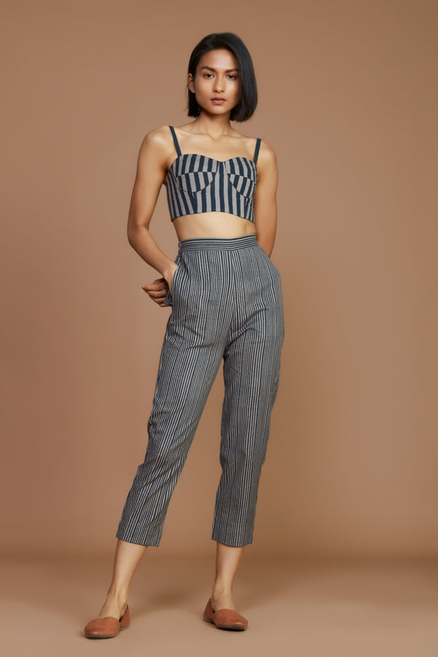 Grey Black Striped Cotton Corset Top with Pants- Set of 2