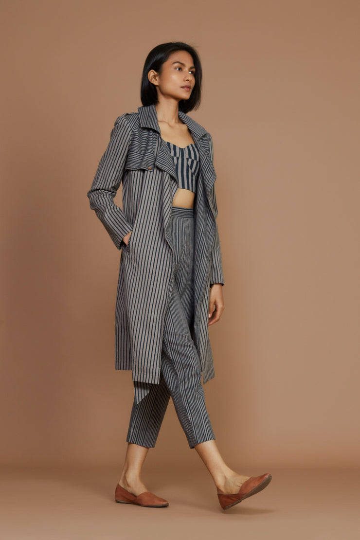 Grey with Charcoal Striped Trench & Corset Co-Ord Set (3 pcs)