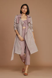 Ivory with Mauve Striped Trench & Corset Co-Ord Set (3 pcs)